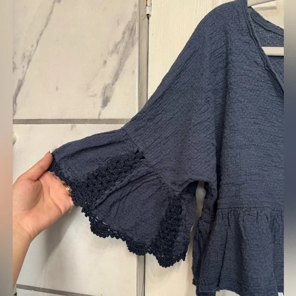 Free People Gauze Sweet Talker Top Women's Boho Peasant Blouse Navy Size Small - Picture 6 of 14